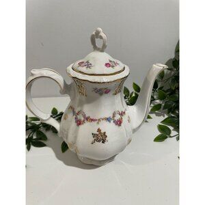 Vintage Bavarian Porcelain Teapot With Floral Design & Gold Accents